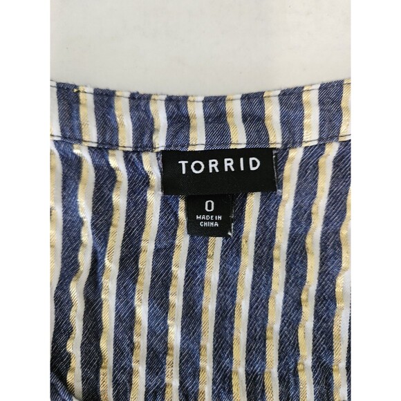 Torrid Sz 0 US 12 Gold Lurex Stripe and Navy Blue Short Sleeve Top Buttons Vneck - Picture 6 of 8